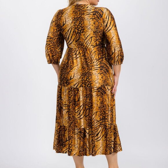 Tiger Print Blossom 3/4 Sleeve Front Pocket Tiered Midi Dress - Picture 8 of 15